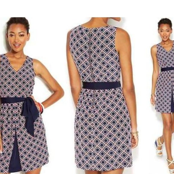 Zooey Deschanel x Tommy Hilfiger Diamond Print Belted Dress - Picture 1 of 7